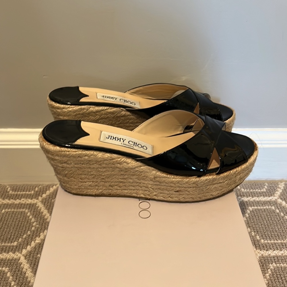 Jimmy Choo black patent wedge espadrille